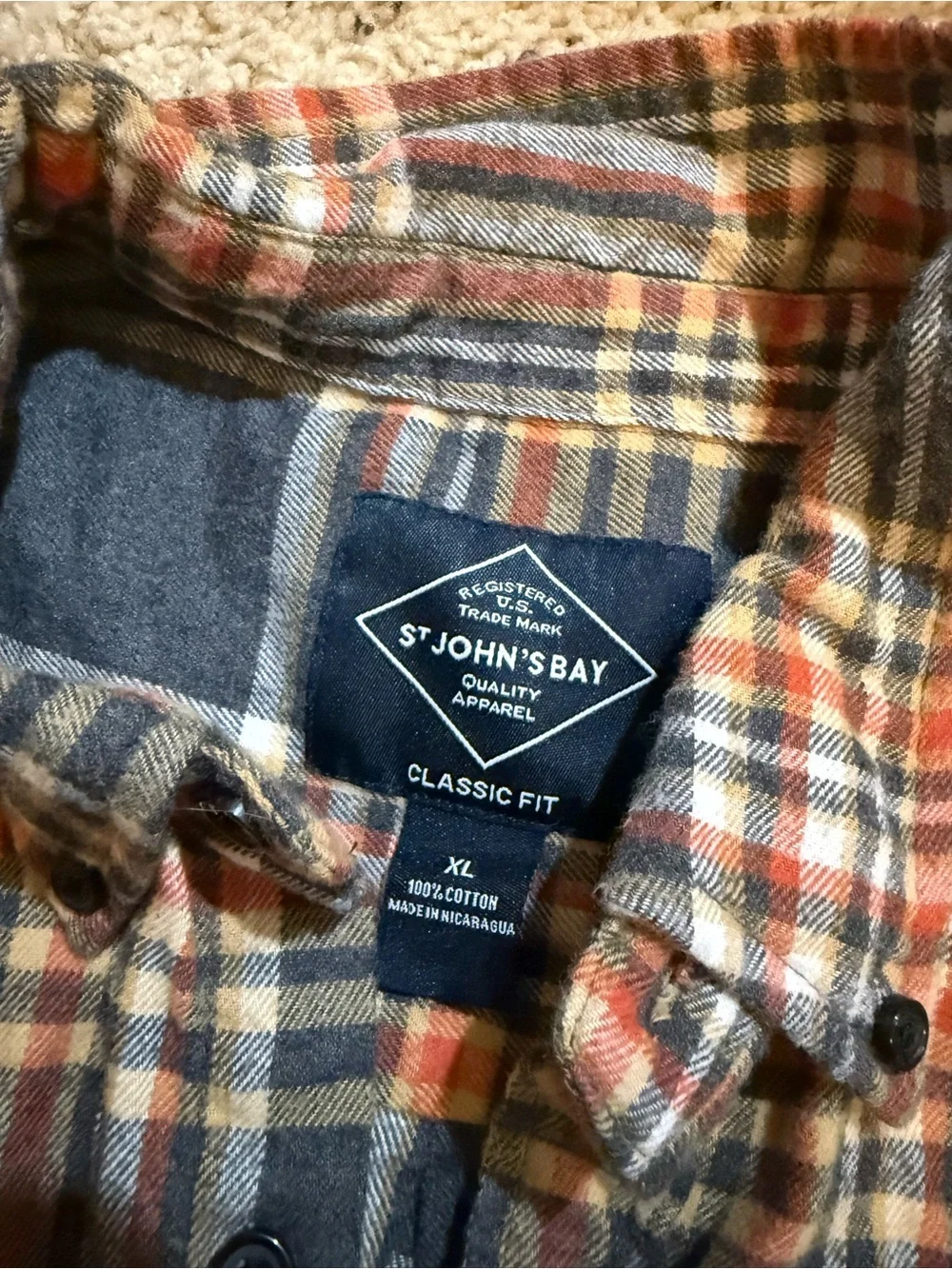 St. John's Bay Men's Gray Plaid Button-Down Shirt with Orange Accents